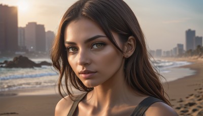 1girl,solo,long hair,looking at viewer,smile,brown hair,bare shoulders,brown eyes,jewelry,closed mouth,collarbone,earrings,outdoors,day,water,blurry,lips,depth of field,blurry background,ocean,beach,tank top,building,portrait,forehead,sunset,city,realistic,nose,sand,sun,stud earrings,upper body,sky,sunlight,backlighting,cityscape