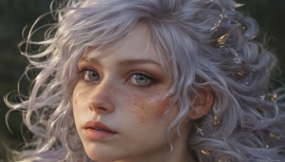 1girl,solo,long hair,looking at viewer,bangs,hair ornament,jewelry,green eyes,white hair,earrings,parted lips,teeth,artist name,blurry,lips,grey eyes,eyelashes,depth of field,blurry background,watermark,wavy hair,messy hair,portrait,web address,close-up,freckles,realistic,nose,braid,grey hair,makeup,floating hair,wind,gold