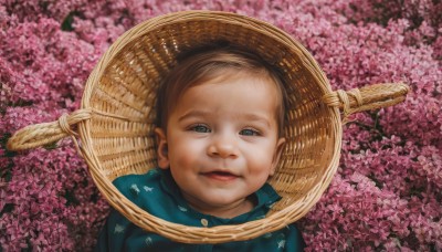 1girl,solo,looking at viewer,smile,short hair,blue eyes,brown hair,1boy,hat,upper body,flower,male focus,outdoors,parted lips,blue shirt,cherry blossoms,child,portrait,realistic,straw hat,male child