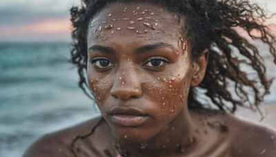 1girl,solo,looking at viewer,blue eyes,brown hair,black hair,1boy,brown eyes,outdoors,parted lips,dark skin,water,blurry,dark-skinned female,lips,depth of field,blurry background,ocean,dark-skinned male,portrait,freckles,curly hair,realistic,very dark skin,dreadlocks,long hair,jewelry,closed mouth,male focus,floating hair,wind,close-up,dirty,afro