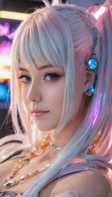 1girl,solo,long hair,looking at viewer,smile,bangs,blue eyes,hair ornament,bare shoulders,twintails,jewelry,closed mouth,upper body,white hair,earrings,necklace,blurry,lips,eyelashes,makeup,blurry background,portrait,realistic,nose,blue hair,ponytail,pink hair,sidelocks,multicolored hair,artist name,from side,depth of field,gem,close-up,pink lips