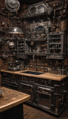 indoors,cup,book,no humans,chair,table,scenery,wooden floor,stairs,clock,bookshelf,lamp,shelf,gears,globe,steampunk,weighing scale,telescope,still life