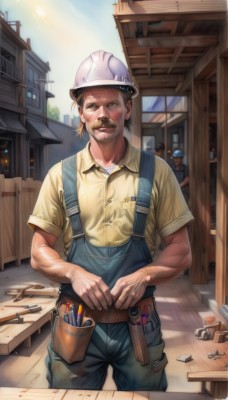 looking at viewer,smile,short hair,brown hair,shirt,1boy,hat,brown eyes,standing,short sleeves,male focus,outdoors,multiple boys,sky,solo focus,day,collared shirt,indoors,2boys,facial hair,white headwear,sunlight,helmet,own hands together,building,beard,yellow shirt,realistic,mustache,overalls,paintbrush,old,dirty,old man,blue overalls,tools,holding,closed mouth,cowboy shot,pants,blurry,blue sky,window,suspenders,denim,veins,pocket,wooden floor,nose,blue pants,manly,pencil,hardhat