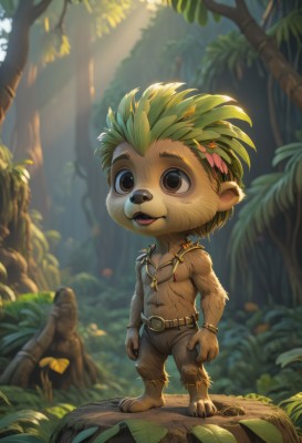 solo,open mouth,1boy,navel,brown eyes,jewelry,standing,full body,male focus,outdoors,green hair,barefoot,belt,necklace,bracelet,tree,leaf,sunlight,nature,furry,forest,topless male,furry male,male child,short hair,brown hair,animal ears,day,blurry,blurry background,plant,animal nose,brown fur,mohawk