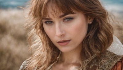 1girl,solo,long hair,looking at viewer,smile,bangs,blonde hair,brown hair,jewelry,earrings,parted lips,mole,blurry,lips,grey eyes,blurry background,wavy hair,piercing,portrait,freckles,realistic,nose,brown eyes,outdoors,sky,teeth,day,blue sky,eyelashes,depth of field,wind,messy hair,close-up,mole on cheek