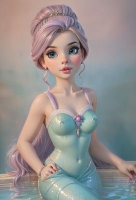 1girl,solo,long hair,breasts,looking at viewer,blush,blue eyes,hair ornament,dress,cleavage,bare shoulders,jewelry,medium breasts,sitting,very long hair,collarbone,ponytail,pink hair,purple hair,earrings,small breasts,parted lips,artist name,water,nail polish,blurry,bracelet,leotard,lips,see-through,hand on hip,eyelashes,covered navel,makeup,blurry background,skin tight,eyeshadow,freckles,smile,blue dress,watermark,lipstick,gem,adapted costume,web address,partially submerged,shiny clothes,realistic,nose,red lips,princess,aqua dress