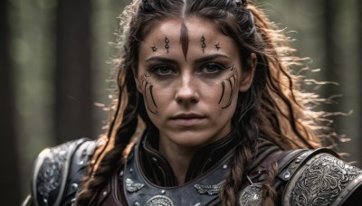 1girl,solo,long hair,looking at viewer,brown hair,black hair,closed mouth,upper body,braid,multicolored hair,dark skin,armor,blurry,black eyes,dark-skinned female,lips,grey eyes,blurry background,facial mark,expressionless,shoulder armor,portrait,freckles,curly hair,pauldrons,breastplate,forehead mark,realistic,nose,facepaint,straight-on,chainmail,outdoors,artist name,hood,depth of field,sunlight,messy hair,nature,close-up,forehead,forest,backlighting