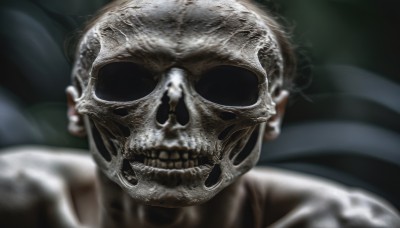 solo,1boy,male focus,teeth,blurry,mask,blurry background,clenched teeth,portrait,skull,realistic,skeleton,black eyes,depth of field,horror (theme)