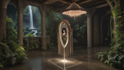 1girl,solo,long hair,black hair,dress,indoors,water,tree,plant,nature,scenery,forest,reflection,fantasy,door,magic circle,vines,pillar,waterfall,arch,overgrown,column,leaf,fountain