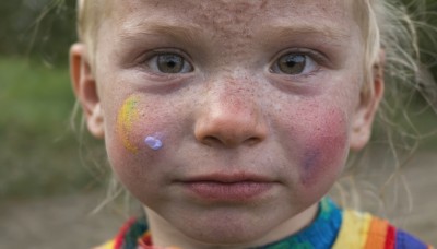 1girl,solo,looking at viewer,blonde hair,1boy,brown eyes,closed mouth,male focus,tears,blurry,lips,depth of field,blurry background,crying,portrait,close-up,freckles,realistic,dirty,dirty face,clown,nose