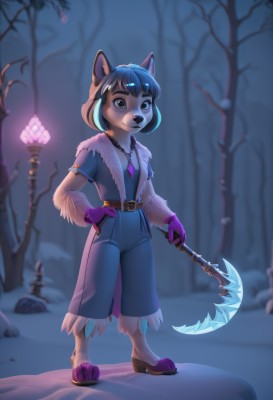 1girl,solo,looking at viewer,smile,short hair,bangs,brown hair,shirt,gloves,holding,animal ears,brown eyes,jewelry,closed mouth,blue hair,standing,tail,full body,weapon,short sleeves,outdoors,belt,pants,artist name,signature,necklace,holding weapon,blurry,flat chest,tree,animal ear fluff,hand on hip,fur trim,fox ears,night,blurry background,fox tail,happy,blue shirt,fox girl,gem,child,nature,claws,furry,snow,forest,crystal,furry female,blue pants,female child,scythe,brown belt,body fur,white fur,animal nose,pink gloves,bare tree,snout,two-tone fur,blue gemstone,sickle,hair ornament,dress,sidelocks,small breasts,open clothes,shoes,teeth,hairclip,shiny,black eyes,high heels,shiny hair,:3,glowing,watermark,brown footwear,backlighting,snowing,winter clothes,winter,lamppost,jumpsuit,brown fur,blue fur,pointy footwear,holding jewelry