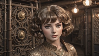 1girl,solo,looking at viewer,short hair,bangs,brown hair,brown eyes,closed mouth,upper body,indoors,armor,blurry,lips,eyelashes,makeup,blurry background,portrait,curly hair,realistic,nose,fantasy,red lips,steampunk,parted lips,artist name,watermark,lipstick,web address