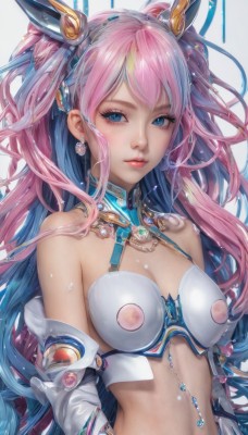 1girl,solo,long hair,breasts,looking at viewer,bangs,blue eyes,simple background,hair ornament,white background,navel,cleavage,bare shoulders,jewelry,medium breasts,closed mouth,nipples,blue hair,upper body,pink hair,multicolored hair,earrings,small breasts,detached sleeves,midriff,shiny,covered nipples,two-tone hair,lips,see-through,eyelashes,gradient hair,makeup,piercing,realistic,navel piercing,detached collar,gem