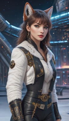 1girl,solo,long hair,looking at viewer,bangs,brown hair,gloves,long sleeves,animal ears,brown eyes,jewelry,jacket,tail,cowboy shot,earrings,outdoors,parted lips,belt,pants,cat ears,blurry,lips,grey eyes,fur trim,makeup,night,blurry background,black pants,lipstick,science fiction,hoop earrings,realistic,nose,red lips,breasts,shirt,medium breasts,standing,weapon,open clothes,sky,black gloves,artist name,signature,vest,open jacket,wolf ears,extra ears,buckle,cropped jacket,city