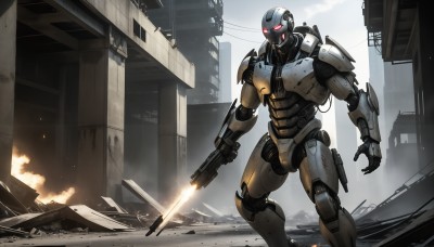 HQ,solo,red eyes,1boy,holding,standing,weapon,male focus,outdoors,holding weapon,armor,gun,no humans,glowing,fire,robot,building,holding gun,mecha,glowing eyes,rifle,smoke,science fiction,city,cable,open hand,ruins,damaged,firing,power armor,sky,sword,realistic,cyborg,power lines