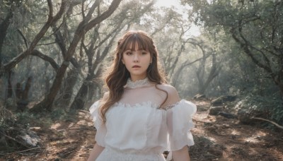 1girl,solo,long hair,looking at viewer,bangs,brown hair,dress,bare shoulders,brown eyes,jewelry,upper body,short sleeves,earrings,outdoors,parted lips,choker,day,white dress,tree,lips,sunlight,nature,scenery,forest,realistic,open mouth,off shoulder