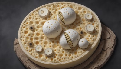 simple background,food,grey background,no humans,from above,plate,realistic,egg,food focus,pizza,still life,black background,bowl,cookie