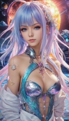 1girl,solo,long hair,breasts,looking at viewer,bangs,blue eyes,hair ornament,cleavage,bare shoulders,jewelry,medium breasts,blue hair,collarbone,upper body,ahoge,multicolored hair,earrings,parted lips,sky,cloud,blunt bangs,necklace,off shoulder,lips,clothing cutout,makeup,night,watermark,moon,gem,star (sky),full moon,realistic,nose,center opening,closed mouth,pink hair,hair flower,eyelashes,gradient hair,eyeshadow,planet