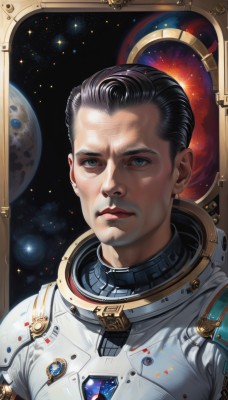 solo,looking at viewer,short hair,blue eyes,black hair,1boy,closed mouth,upper body,male focus,star (symbol),lips,portrait,star (sky),science fiction,realistic,nose,space,planet,earth (planet),spacesuit,astronaut,expressionless,serious,starry background