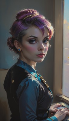 1girl,solo,breasts,looking at viewer,blush,short hair,shirt,hair ornament,long sleeves,jewelry,closed mouth,upper body,purple hair,multicolored hair,earrings,parted lips,collared shirt,indoors,necklace,hair bun,nail polish,black eyes,vest,bracelet,from side,lips,looking to the side,grey eyes,eyelashes,window,makeup,single hair bun,ring,blue shirt,lipstick,eyeshadow,black vest,nose,red lips,eyeliner,mascara,bangs,blue eyes,medium breasts,sitting,necktie,artist name,mole,mole under eye,formal,suit,instrument,realistic,playing instrument