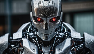 solo,looking at viewer,red eyes,1boy,upper body,male focus,blurry,no humans,blurry background,glowing,robot,portrait,mecha,glowing eyes,colored sclera,science fiction,straight-on,cyborg,humanoid robot,armor,depth of field,helmet,close-up,realistic,cyberpunk