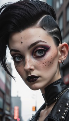 1girl,solo,looking at viewer,short hair,black hair,jewelry,jacket,earrings,parted lips,choker,artist name,blurry,black eyes,lips,grey eyes,eyelashes,makeup,blurry background,piercing,cross,lipstick,ear piercing,portrait,forehead,eyeshadow,freckles,realistic,nose,eyeliner,leather,undercut,cross earrings,leather jacket,mascara,black lips,outdoors,teeth,collar,depth of field,facial mark,building,close-up,zipper,city,very short hair