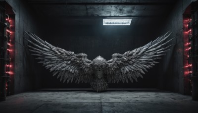 solo,wings,indoors,english text,no humans,building,scenery,feathered wings,science fiction,monster,dark,angel wings,light,pillar