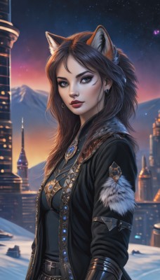 1girl,solo,long hair,breasts,looking at viewer,blue eyes,brown hair,black hair,animal ears,jewelry,medium breasts,jacket,upper body,earrings,outdoors,parted lips,open clothes,sky,belt,cat ears,mole,lips,coat,fur trim,mole under eye,makeup,night,lipstick,brooch,building,gem,star (sky),night sky,snow,starry sky,mountain,red lips,necklace,blurry,wolf ears,freckles,black coat,snowing,city,winter