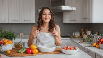 1girl,solo,long hair,looking at viewer,smile,open mouth,brown hair,holding,bare shoulders,brown eyes,upper body,food,teeth,sleeveless,indoors,blurry,apron,fruit,blurry background,table,knife,plant,bowl,realistic,fork,holding knife,potted plant,ladle,orange (fruit),kitchen,tomato,vegetable,spatula,cutting board,onion,grin,plate,spoon,carrot,sink