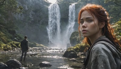 1girl,long hair,short hair,brown hair,black hair,1boy,standing,jacket,outdoors,pants,water,from behind,orange hair,armor,looking at another,tree,lips,wet,nature,scenery,forest,rock,realistic,fantasy,river,waterfall,looking at viewer,red hair,day,grey eyes,sunlight,freckles,stream