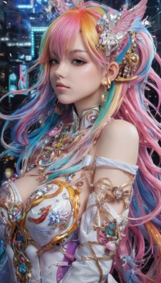 1girl,solo,long hair,breasts,looking at viewer,bangs,large breasts,hair ornament,dress,cleavage,bare shoulders,jewelry,medium breasts,closed mouth,green eyes,upper body,pink hair,multicolored hair,earrings,detached sleeves,necklace,two-tone hair,lips,grey eyes,gradient hair,detached collar,feathers,gem,realistic,feather hair ornament,blue hair,orange hair,makeup,watermark,armlet,nose