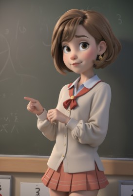 1girl,solo,looking at viewer,blush,smile,short hair,bangs,skirt,brown hair,shirt,long sleeves,brown eyes,jewelry,closed mouth,school uniform,standing,white shirt,cowboy shot,pleated skirt,earrings,artist name,indoors,red ribbon,lips,buttons,red skirt,cardigan,pointing,chalkboard,grey cardigan,chalk,watermark,nose