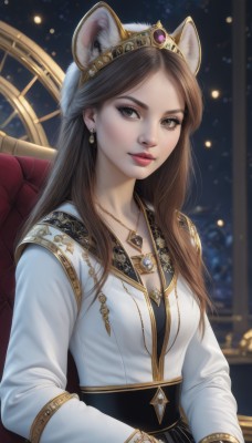 1girl,solo,long hair,breasts,looking at viewer,brown hair,shirt,gloves,long sleeves,dress,animal ears,cleavage,brown eyes,jewelry,medium breasts,sitting,closed mouth,white shirt,upper body,earrings,parted lips,black gloves,indoors,necklace,blurry,lips,animal ear fluff,makeup,blurry background,chair,tiara,crown,lipstick,gem,pendant,gold trim,red lips,lion ears,blue gemstone,bangs,artist name,cat ears,white dress,fake animal ears,realistic