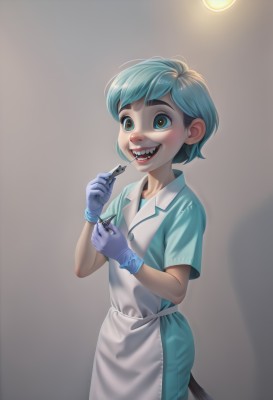 1girl,solo,smile,short hair,open mouth,blue eyes,gloves,holding,green eyes,blue hair,tail,short sleeves,teeth,apron,aqua hair,thick eyebrows,sharp teeth,white apron,nurse,syringe,crazy eyes,horror (theme),light bulb,aqua gloves,male focus,fangs