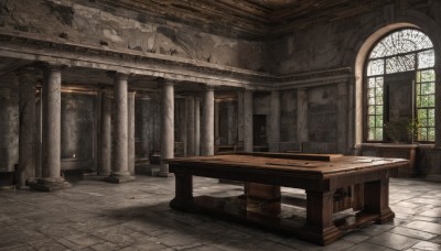 day,indoors,tree,no humans,window,chair,table,sunlight,plant,scenery,stairs,door,tiles,architecture,tile floor,ruins,pillar,carpet,arch,column,book,wooden floor,fantasy,wall,stone floor