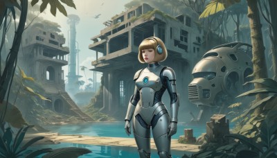 1girl,solo,short hair,bangs,blonde hair,standing,outdoors,day,signature,blunt bangs,water,armor,tree,lips,bodysuit,makeup,bird,headphones,leaf,plant,robot,building,scenery,mecha,science fiction,aircraft,arms at sides,android,joints,ruins,robot joints,spacecraft,overgrown,breasts,blue eyes,brown hair,bob cut