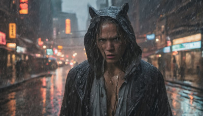 solo, looking at viewer, shirt, black hair, 1boy, jacket, upper body, male focus, outdoors, hood, blurry, wet, night, blurry background, wet clothes, hood up, rain, city, realistic, wet hair