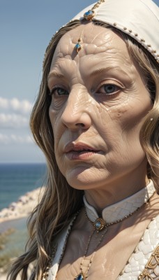 1girl,solo,long hair,breasts,looking at viewer,blue eyes,brown hair,cleavage,jewelry,outdoors,parted lips,sky,teeth,choker,day,cloud,water,necklace,blurry,black eyes,blue sky,lips,wet,blurry background,ocean,beach,gem,portrait,close-up,realistic,dress,closed mouth