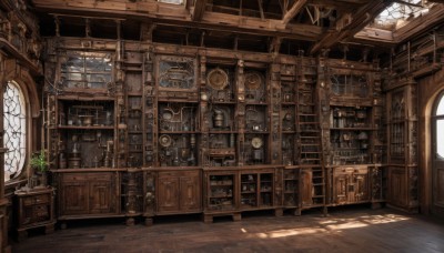 day,indoors,book,no humans,window,chair,sunlight,plant,scenery,wooden floor,stairs,door,clock,bookshelf,potted plant,shelf,gears,ladder,barrel,globe,steampunk,flower,table,bottle,candle,vase,flower pot,drawer,candlestand,cabinet,chandelier,loaded interior