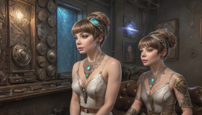 1girl,breasts,looking at viewer,short hair,bangs,multiple girls,brown hair,hair ornament,dress,2girls,cleavage,bare shoulders,brown eyes,jewelry,medium breasts,sitting,upper body,hairband,earrings,small breasts,parted lips,sleeveless,belt,indoors,necklace,hair bun,lips,glowing,siblings,single hair bun,sisters,gem,couch,camisole,pendant,reflection,science fiction,crystal,mirror,realistic,nose,fantasy,clock,picture frame,updo,steampunk,portrait (object),smile,blue eyes,braid,white dress,looking to the side,painting (object),analog clock