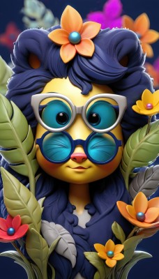 1girl,solo,long hair,looking at viewer,smile,blue eyes,hair ornament,blue hair,upper body,flower,glasses,hair flower,blurry,pokemon (creature),no humans,leaf,blue background,sunglasses,plant,portrait,furry,yellow flower,round eyewear,tinted eyewear,blue-framed eyewear,animal ears,one eye closed,artist name,colored skin,watermark,web address,blue skin