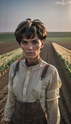 1girl,solo,looking at viewer,short hair,bangs,brown hair,shirt,black hair,hair ornament,gloves,long sleeves,brown eyes,closed mouth,standing,white shirt,upper body,outdoors,sky,day,dark skin,blurry,dark-skinned female,lips,buttons,blurry background,suspenders,grass,freckles,realistic,nose,overalls,very short hair,field,dirty,dirty face,expressionless,thick eyebrows,messy hair,child,serious,arms at sides,dirty clothes