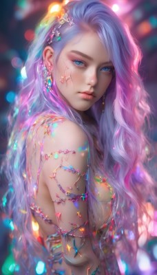 1girl,solo,long hair,breasts,looking at viewer,blue eyes,hair ornament,bare shoulders,jewelry,medium breasts,blue hair,upper body,pink hair,nude,earrings,blurry,from side,lips,sideboob,depth of field,blurry background,wavy hair,gem,freckles,realistic,nose,closed mouth,purple hair,multicolored hair,necklace,eyelashes,gradient hair,armlet,christmas lights