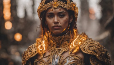 1girl,solo,long hair,looking at viewer,brown hair,black hair,jewelry,closed mouth,upper body,earrings,dark skin,armor,blurry,black eyes,dark-skinned female,lips,depth of field,blurry background,shoulder armor,gem,portrait,realistic,nose,very dark skin,gorget,brown eyes,artist name,pauldrons,gold trim,headdress,gold