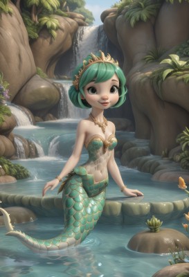 1girl,solo,breasts,looking at viewer,smile,short hair,navel,cleavage,bare shoulders,jewelry,full body,flower,small breasts,outdoors,parted lips,green hair,sky,teeth,day,water,necklace,nail polish,black eyes,bracelet,lips,fingernails,strapless,tiara,monster girl,nature,wading,partially submerged,rock,scales,mermaid,waterfall,blue eyes,tree,crown,child,fish,shell,river