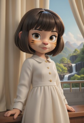 1girl,solo,looking at viewer,smile,short hair,bangs,brown hair,long sleeves,dress,brown eyes,closed mouth,standing,outdoors,sky,day,artist name,indoors,medium hair,water,white dress,blurry,tree,blue sky,lips,window,buttons,blurry background,facial mark,bob cut,curtains,child,freckles,mountain,railing,collared dress,female child,whisker markings,waterfall,blush,bandaid on face,bandaid on nose