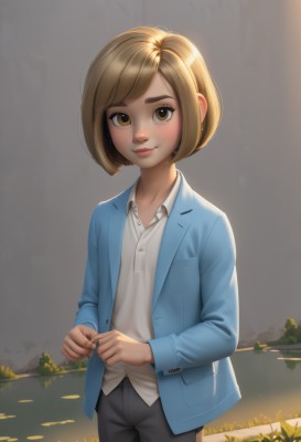 1girl,solo,looking at viewer,blush,smile,short hair,bangs,blonde hair,brown hair,shirt,long sleeves,brown eyes,closed mouth,standing,jacket,white shirt,cowboy shot,outdoors,open clothes,collared shirt,pants,artist name,open jacket,lips,dress shirt,buttons,swept bangs,black pants,bob cut,thick eyebrows,grass,blue jacket,freckles,nose