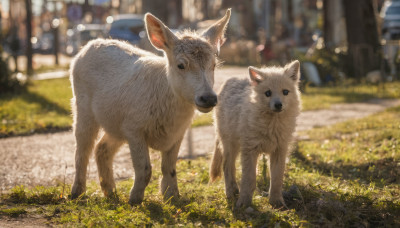 outdoors, day, blurry, no humans, depth of field, blurry background, animal, grass, dog, realistic, animal focus