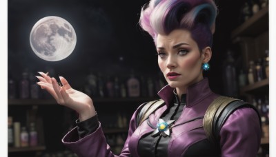 1girl,solo,breasts,looking at viewer,short hair,shirt,long sleeves,jewelry,medium breasts,jacket,upper body,pink hair,purple hair,multicolored hair,earrings,indoors,hand up,blurry,two-tone hair,lips,grey eyes,makeup,night,blurry background,moon,ring,bottle,lipstick,brooch,gem,full moon,eyeshadow,realistic,nose,purple jacket,bar (place),purple eyes,white hair,artist name,nail polish,mole,fingernails,eyelashes,purple lips,mascara