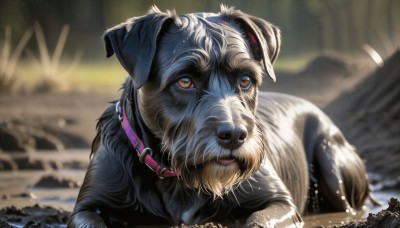 HQ,solo,brown eyes,outdoors,artist name,signature,blurry,collar,no humans,depth of field,blurry background,animal,watermark,web address,dog,realistic,animal focus,animal collar,water